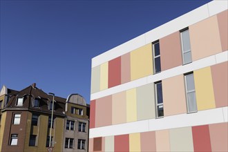 Old and modern house façade side by side, Duisburg, North Rhine-Westphalia, Germany, Europe