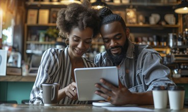 Black couple in cafe working with tablets to browse internet and access information remotely, AI