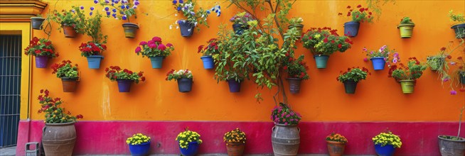 Typical architecture of Mexican colonial colorful houses in historic city center, AI generated