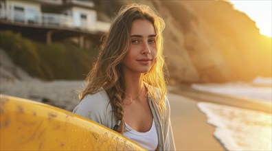 Fit and handsome female surfer holding a surfboard on ocean shore. Vacation and travel lifestyle,