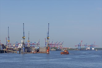 Ferry, Blohm & Voss shipyard, Burchardkai container terminal, Norderelbe, Hamburg, Germany, Europe