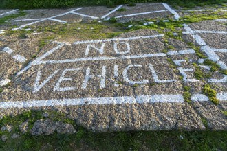 No Vehicles painted sign on ground surface to restrict parking, Shingle Street, Suffolk, England,