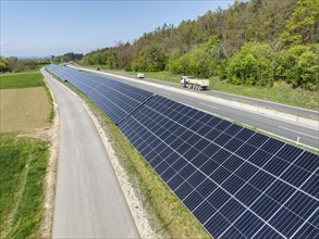 Aerial photo, solar modules, solar park, photovoltaics, power generation from solar energy on a