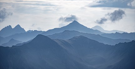 Blue mountain silhouettes, Carnic High Trail, Carnic Alps, Carinthia, Austria, Europe