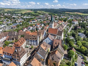 Aerial view of the town of Engen in Hegau with the town hall square and the Church of the