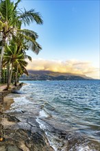 Sidewalk in front of the sea in the city of Ilhabela on the coast of Sao Paulo, Ilhabela, Sao