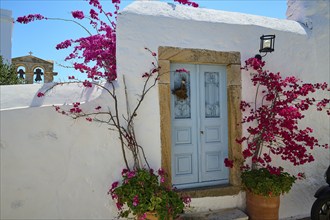 A welcoming building with a blue door, surrounded by flowering plants, under bright sunshine,