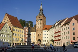 Medieval gate tower, town gate Schmalzturm or beautiful tower, Marienbrunnen, main square, old town