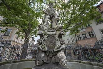 Neptune fountain, called Gabelmoo, with coat of arms, newly erected in 1697, Grüner Markt, Bamberg,