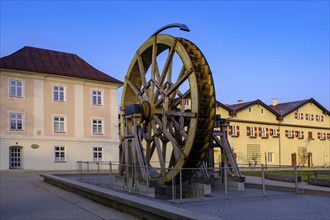 Water wheel, Salinenpark, Traunstein, Chiemgau, Upper Bavaria, Bavaria, Germany, Europe