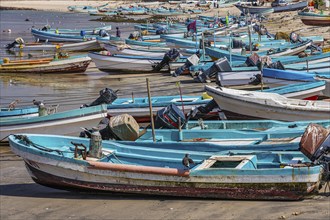 Fishing boats anchored in the harbour of Mirbat, Dhofar Province, Arabian Peninsula, Sultanate of