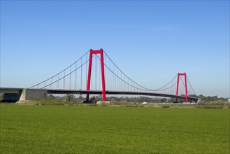 View over Rhine meadows on the left bank of the Rhine to red steel pillars of earth-anchored