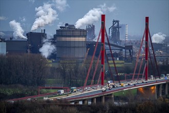 Thyssenkrupp Steel steelworks, blast furnaces 8 and 9, gasometer, motorway bridge of the A42 over