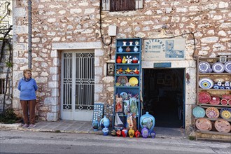 Colourful outdoor pottery, pottery, souvenir shop in the village of Pyrgos Dirou, Mani, Greece,