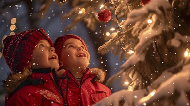 Warmly dressed happy children outside in the evening enjoying the christmas decorations in their