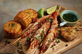 Langoustines on skewers, shrimp kebab, with fried corn, spices and herbs, homemade, no people