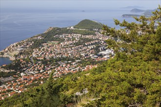 High angle view of tan and white trim houses and villas with traditional terracotta clay tile