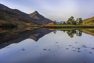 Mountains reflected in fjord, midday light, sunny, still, coast, sea, autumn, autumn colours, Loch