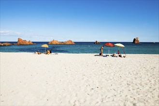 Beach and red rocks, Spiaggia di Cea, Tortoli, Sardinia, Italy, Europe