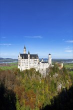 Picturesque view of Neuschwanstein in autumn with forests and clear sky, Schwangau, Ostallgäu,