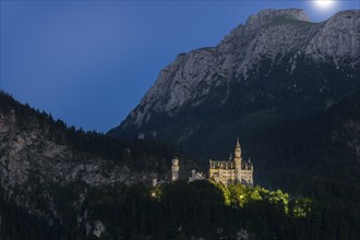 Neuschwanstein Castle in the mountains at night under a clear sky with moonlight, romantic,