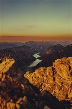 Thaneller summit at sunset in the Lechtal valley in Tyrol with a wonderful view of the surrounding