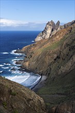 The north-west coast of La Gomera with the Playa de Arguamul beach. Mountains, cliffs and steep