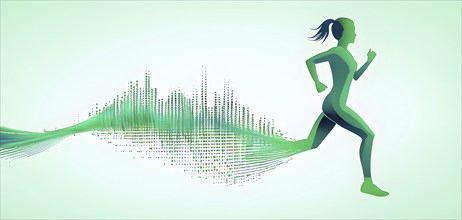 Illustration of a wave of data points shaping into a female runner silhouette, green pastel hues,