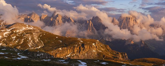 Panorama shot, rose garden group in clouds at evening light, Schlern, Dolomites, South Tyrol,