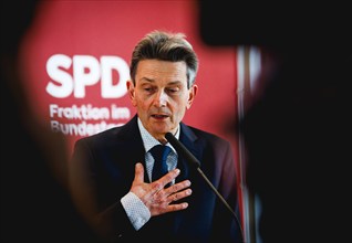 Rolf Mützenich, SPD parliamentary group leader, at a press statement in Berlin, 23 April 2024,