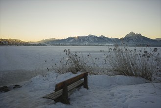 Sunrise, Lake Hopfensee, near Füssen, Ostallgäu, Allgäu, Upper Swabia, Swabia, Bavaria, Germany,