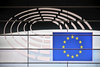 Entrance to the Altiero Spinelli building with the logo of the European Parliament, Brussels,