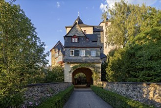 Runkel Castle, entrance with castle gate, hilltop castle from the high Middle Ages, historic old