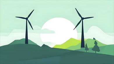 Windmill as symbol for green energy, minimalist abstract wallpaper illustration background, AI