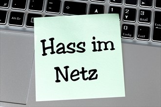 Note with the inscription HASS IM NETZ on the keyboard of a laptop