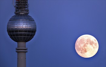 Full moon at the Berlin TV tower, 16.10.2024, Berlin, Berlin, Germany, Europe