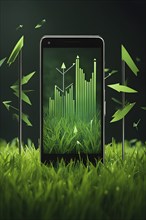 Smartphone screen displaying green grass arrows sprouting upwards symbolizing growth and