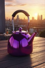 Purple colored tea kettle whistling on a rustic wooden table in soft morning sunlight, AI generated