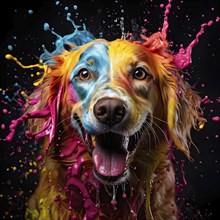 Portrait of a colored dog in vibrant hues as metaphor for the saying known like a colorful dog, AI