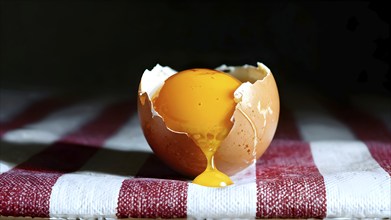 Cracked egg partially spilled on a checkered tablecloth, AI generated