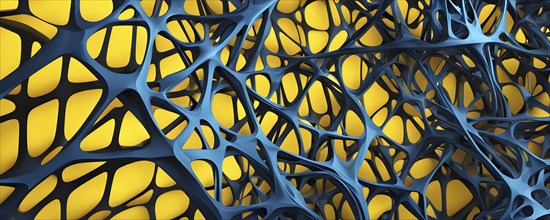 Abstract rendering of organic grid structure in a complex pattern in blue and yellow colors, AI