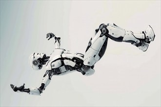 Futuristic humanoid cyborg making an acrobatic rear backflip in front of a white background, AI