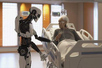 Futuristic humanoid cyborg taking care of elderly people in a hospital, AI generated