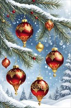 Abstract illustration of a set of ornate Christmas ornaments hanging on a snow-covered pine tree