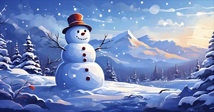 Abstract illustration of a snowman in an idyllic snowy winter landscape, hills and mountains and