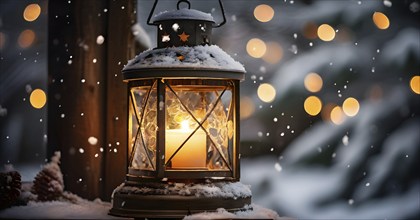 Vintage-style Christmas lantern hanging on a rustic post, covered in frost and surrounded by