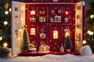 Traditional advent calendar door opening, showing a tiny festive scene inside with miniature