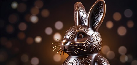 Easter bunny figurine made of chocolate, with a soft focus on intricate patterns and glossy