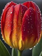 Dew-covered tulip, with water droplets glistening on its vibrant petals in early morning light, AI