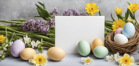 Easter card with delicate hand-drawn illustrations, placed among fresh flowers and decorated eggs,